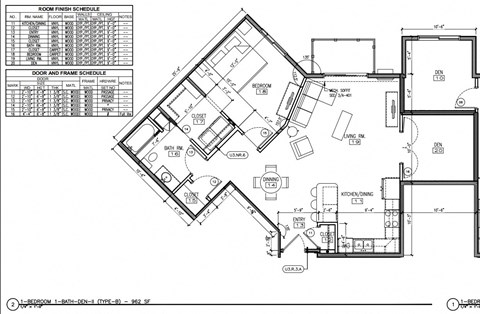 Floor plan for 1 bed, 1 bath, 972 sqft